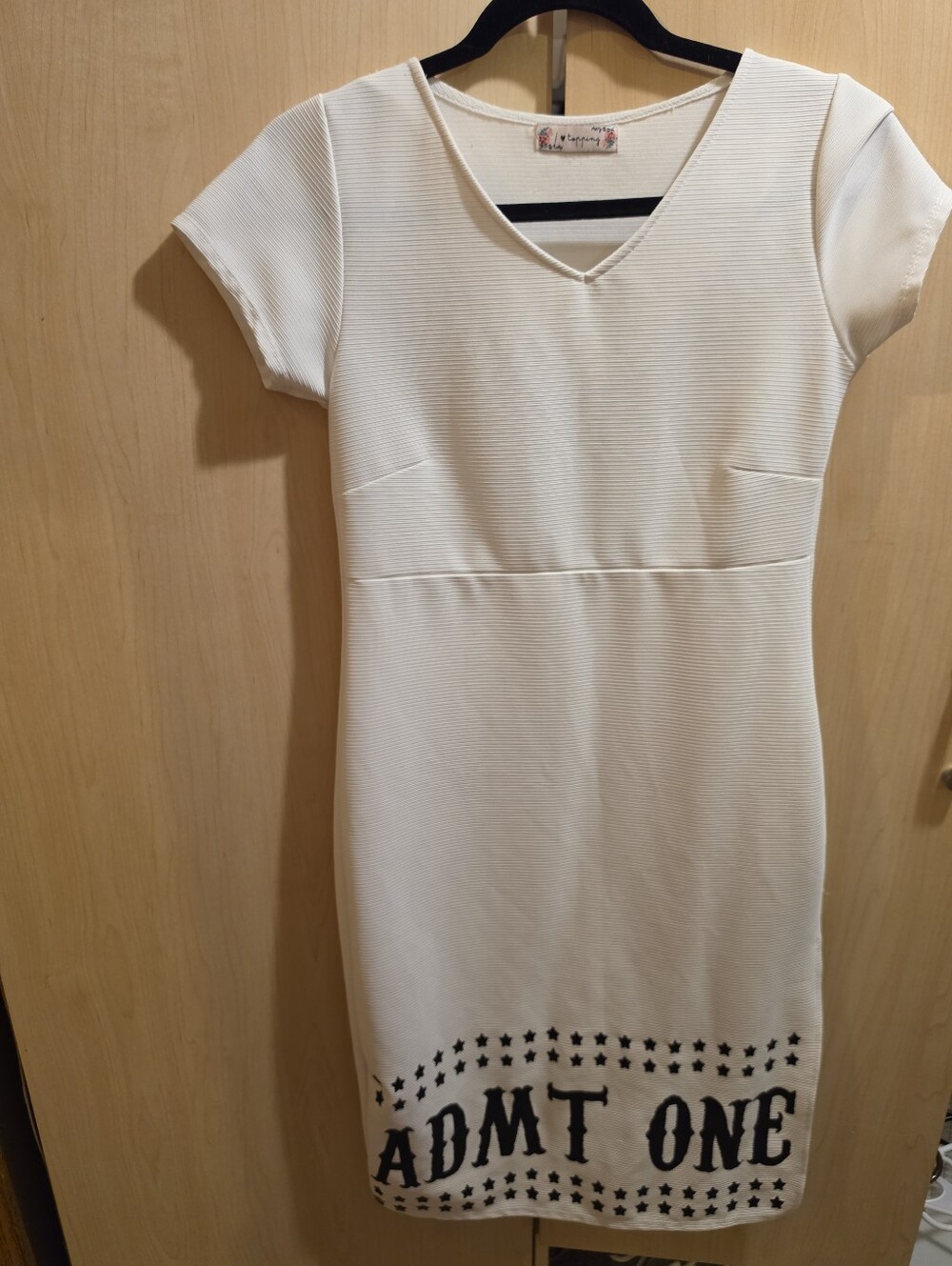 i 🩷 topping Cream V-Neck Short Sleeve Dress with 'ADMT ONE' Detail